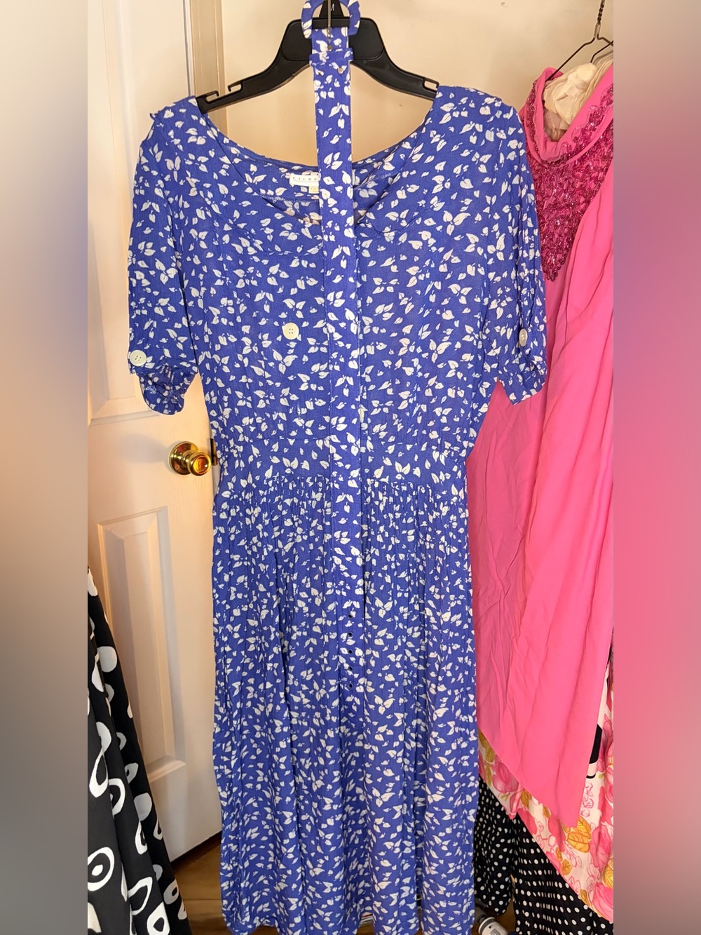 Vintage Eileen West Blue Floral Prairie Dress Belted Pleated Midi USA - Picture 11 of 12